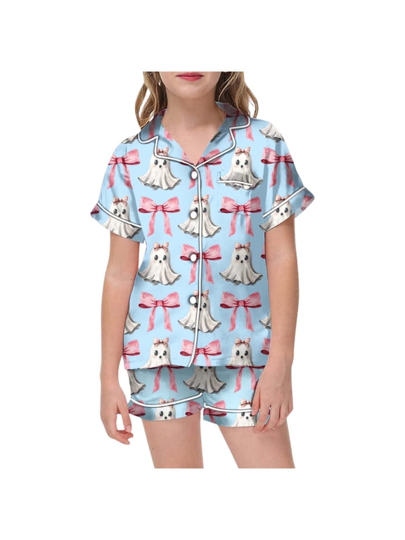 Toddler Child Girls Halloween Pajamas Set Short Sleeve Hallowmas Ghost Print Lapel Button Down Pjs Tops With Shorts For Party Comfort Homewear