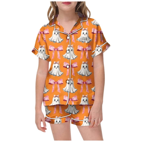 Likimi Toddler Child Girls Halloween Pajamas Set Short Sleeve Hallowmas Ghost Print Lapel Button Down Pjs Tops With Shorts For Party Comfort Homewear