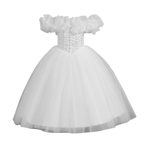 Likimi Toddler Child Girls Maxi Dress Solid Color Off Shoulder Neck Sleeveless For Party Performance Dresses White Size 8-9 Years