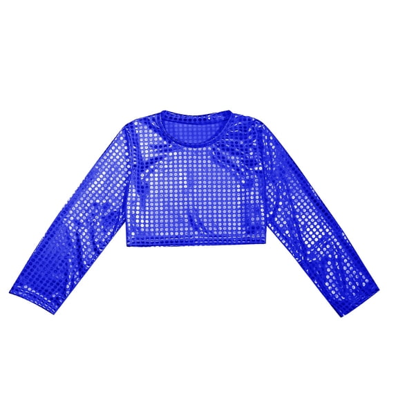 Likimi Toddler Child Girls T Shirts Solid Color Sequins Long Sleeve Crew Neck Shirts For Girls Dance Casual Tops Blue Size 6-7 Years