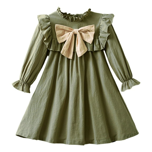 Likimi Toddler Girls Autumn Winter Dress With Bowknot Ruffle Long Sleeve Crew Neck Solid Color Dresses Size 2-3 Years Green