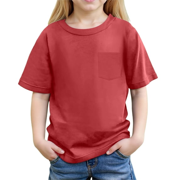 Likimi Toddler Girls Boys Casual T Shirt With Pocket Solid Color Short Sleeve Crew Neck Fashion Summer Tee Size 3-4 Years Red