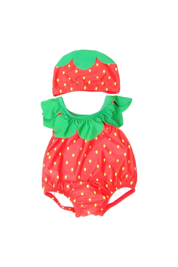 Toddler Girls Boys One Piece Swimsuit Crew Neck Sleeveless Print Tops With Swim Cap Comfortable Bathing Suit Red Size 0-3 Months