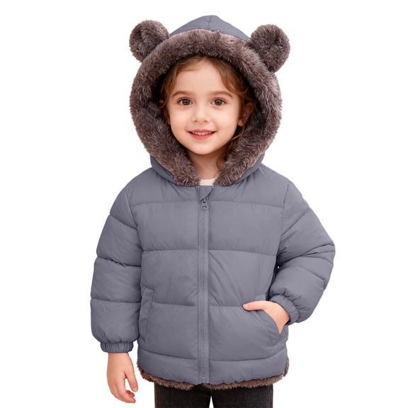 Likimi Toddler Girls Coat Long Sleeve Solid Color Ears Hooded Zipper Winter Outerwear With Pocket Soft Warm Jacket Size 12-18 Months Grey