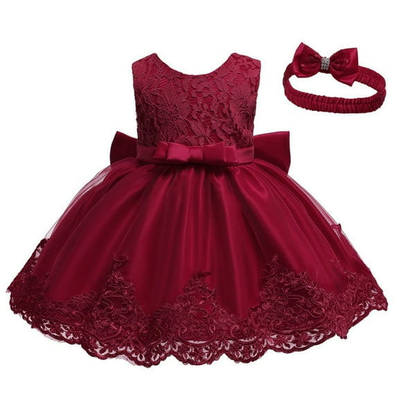 Likimi Toddler Girls Dress Elegant Lace Crew Neck Solid Color Sleeveless Summer Party Cute Tutu Dress With Hairband Wine Size 3-6 Months