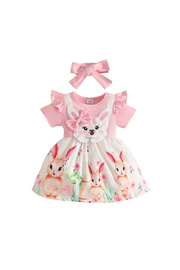 Toddler Girls Dress Short Sleeve Easter Cartoon Prints Crew Neck Cute Comfortable Summer Dresses With Hairband Pink Size 3-6 Months