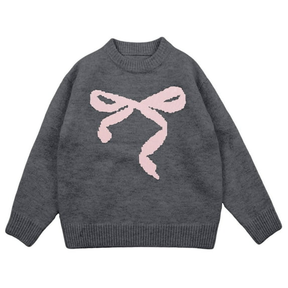 Likimi Toddler Girls Elegant Knit Sweater Fashion Bow Print Long Sleeve Crew Neck Soft Warm Winter Top Size 13-14 Years Gray