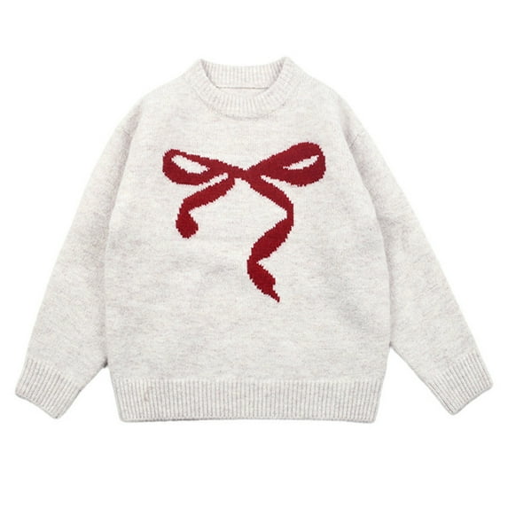 Likimi Toddler Girls Elegant Knit Sweater Fashion Bow Print Long Sleeve Crew Neck Soft Warm Winter Top Size 2-3 Years Beige