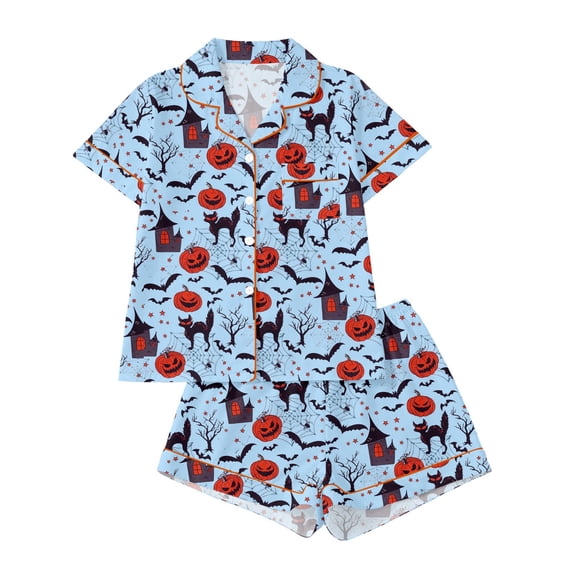 Likimi Toddler Girls Halloween Pajamas Set Short Sleeve Hallowmas Cartoon Print Lapel Button Down Pjs Tops With Shorts For Party Casual Homewear