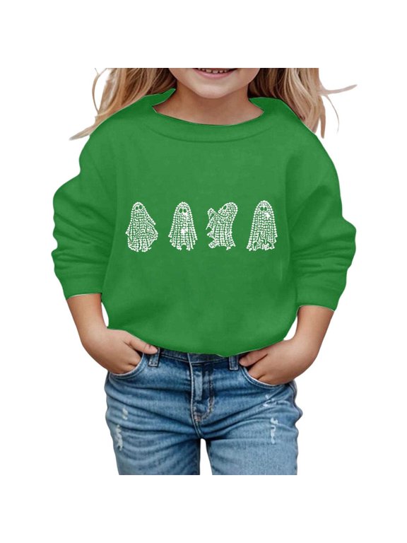 Toddler Girls Halloween Sweatshirt Hallowmas Ghost Print Long Sleeve Crew Neck Pullover For Girls Loose Fit Soft Tops Green Size 3-4 Years