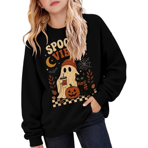 Likimi Toddler Girls Halloween Sweatshirts Hallowmas Ghost Print Crew Neck Sweatshirt For Girls Long Sleeve Loose Fit Comfortable Pullover Size 1-2 Years