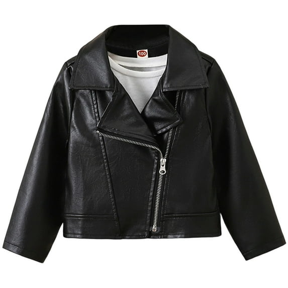 Likimi Toddler Girls Leather Jacket Long Sleeve Solid Color Zipper Windproof Outerwear With Pocket Fashion Coat Size 5-6 Years Black