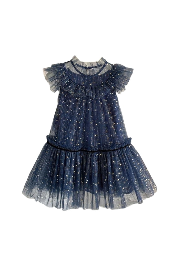 Toddler Girls Summer Dress Fly Sleeve Crew Neck Star Moon Sequin Ruffles Fashionable Casual Dresses Navy Size 3-4 Years