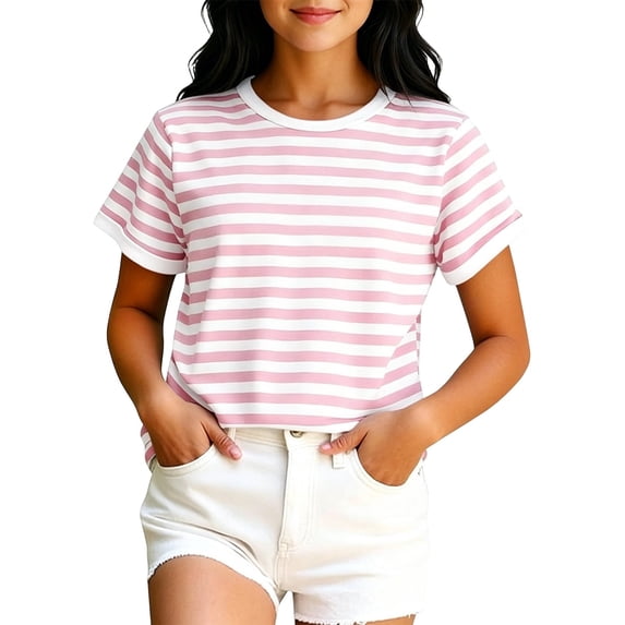 Likimi Toddler Girls T Shirts Crew Neck Short Sleeve Striped Print Comfortable Tee Pink Size 10-11 Years