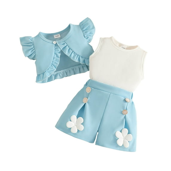 Likimi Toddler Girls Three Piece Set Fly Sleeve Ruffles Coat Crew Neck Sleeveless Tops With Floral Shorts Solid Color Summer Outfit Set Blue Size 9-12 Months