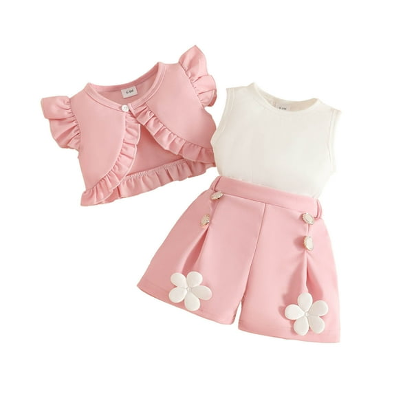 Likimi Toddler Girls Three Piece Set Fly Sleeve Ruffles Coat Crew Neck Sleeveless Tops With Floral Shorts Solid Color Summer Outfit Set Pink Size 6-9 Months