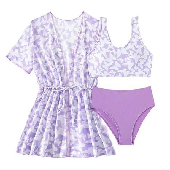 Likimi Toddler Girls Three Piece Swimsuits Sleeveless Butterfly Printed Crew Neck Bikini Set With Short Sleeve Coat Casual Fashionable Swimwear For Swim Beach Purple Size 9-10 Years