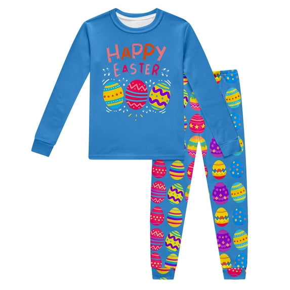 Likimi Toddler Girls Two Piece Set Easter Cartoon Prints Long Sleeve Crew Neck Tops With Pants Casual Soft Outfit Set Sky Blue Size 3-4 Years