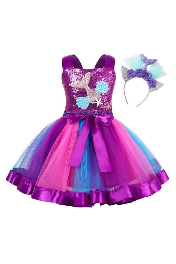Toddler Girls Two Piece Set Sequin Cartoon Print Sleeveless Square Neck Dress With Headband Summer Fashion Casual Outfit Set Purple Size 10-12 Years