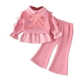 thumbnail image 1 of Likimi Toddler Girls Two Piece Set Solid Color Long Sleeve Crew Neck Shirt With Bow Long Pants Fashion Comfort Outfits Set Size 9-12 Months Pink, 1 of 6