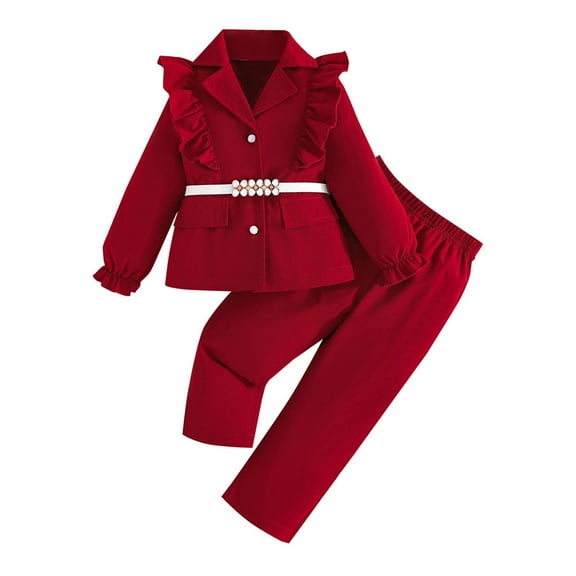 Likimi Toddler Girls Two Piece Set Solid Color Long Sleeve Lapel Button Shirt With Ruffled Long Pants Fashion Soft 3Pcs Outfits Set With Belt Size 7-8 Years Red