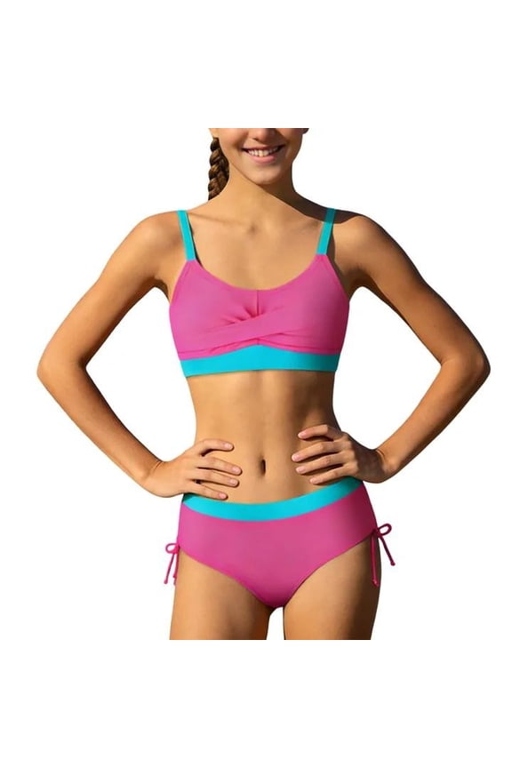 Toddler Girls Two Piece Swimsuits Color Block Crew Neck Sleeveless Bikini Set Fashionable Swimwear For Swim Beach Pink Size 7-8 Years