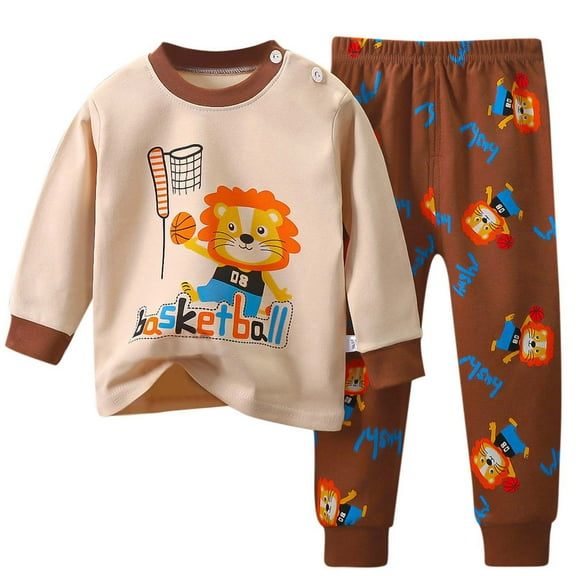 Likimi Toddler Kids Baby Boys Clothing Set Print Long Sleeve Tops Long Pants Two Piece Set Cute Winter Soft Fall Outfits Set Size 12-18 Months Brown