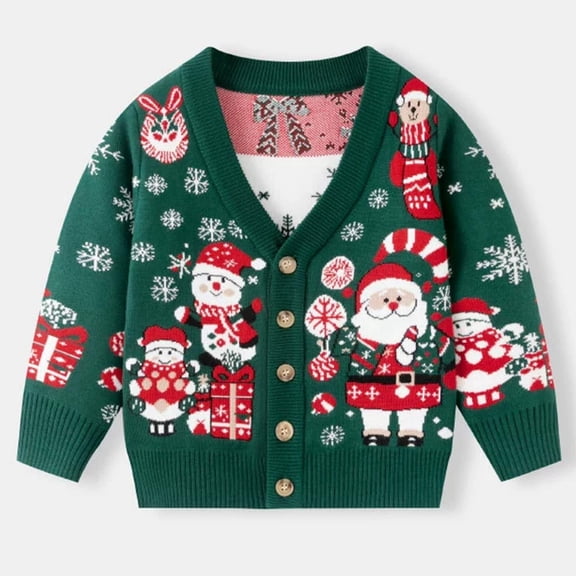 Likimi Toddler Kids Boys Christmas Sweater Long Sleeve Print V Neck Cardigan Tops Fashion Loose Soft Fall Winter Coat Size 5-6 Years Army Green