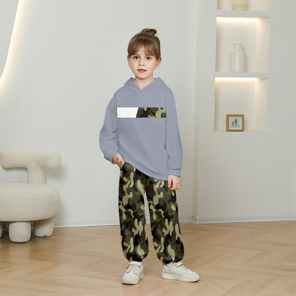 Likimi Toddler Kids Boys Outfit Set Camo Print Long Sleeve Hooded Sweatshirt With Pants Casual Relaxed Soft Fall Winter Clothing Set Size 7-8 Years Grey