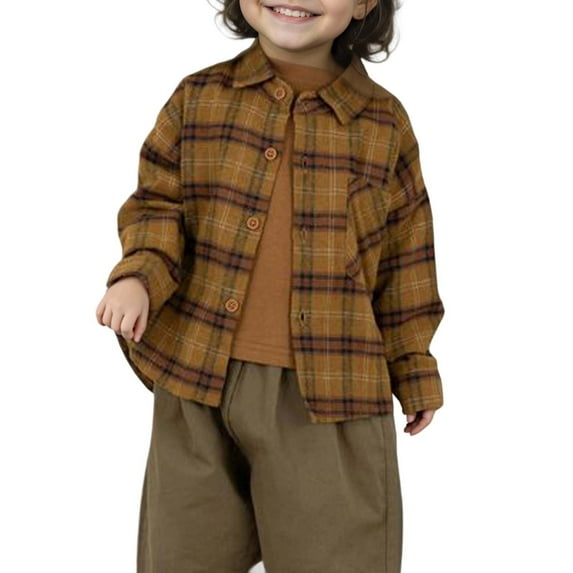 Likimi Toddler Kids Boys Shirts Lapel Plaid Print Long Sleeve T-Shirt Fashion Loose Soft Spring Fall Shirt Size 2-3 Years Khaki