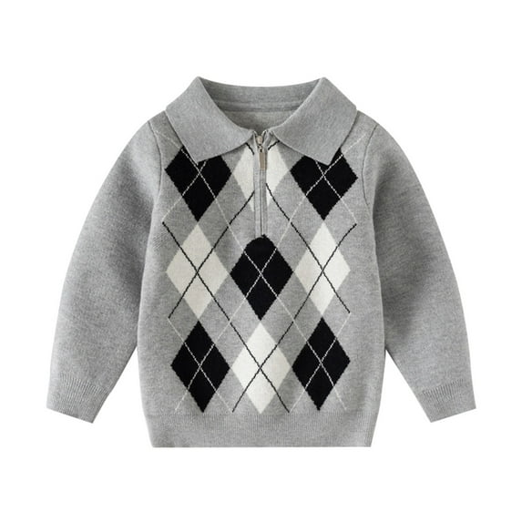 Likimi Toddler Kids Boys Sweater Long Sleeve Plaid Print Lapel Pullover Tops Fashion Casual Loose Fall Winter Clothes Size 5-6 Years Grey