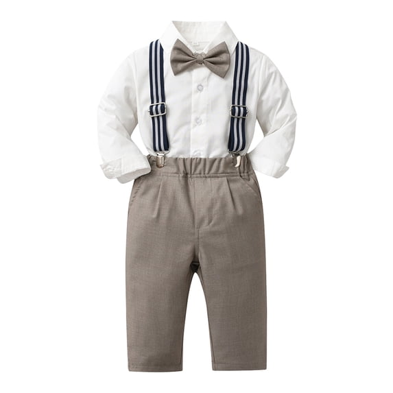 Likimi Toddler Kids Boys Two Piece Outfit Long Sleeve Solid Color Lapel Button Down Tops With Suspender Pants Autumn Winter Comfortable Outfit Set Khaki Size 18-24 Months