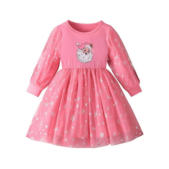 Likimi Toddler Kids Girls Christmas Dress Crewneck Print Long Sleeve Pleated Princess Dress Fashion Comfortable Relaxed Spring Fall Clothes Size 5-6 Years Red