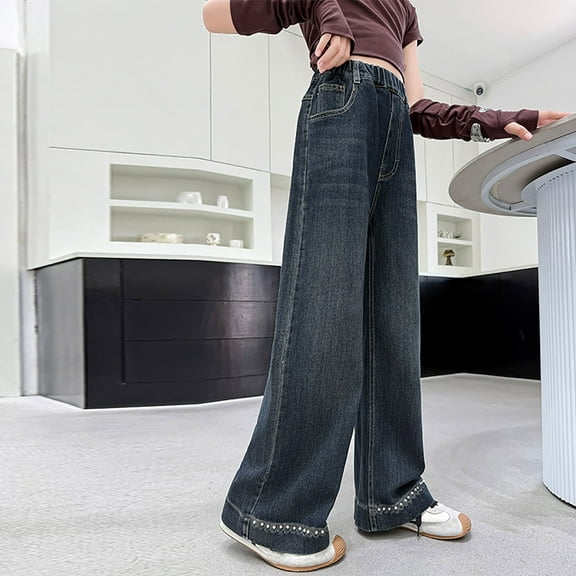 Likimi Toddler Kids Girls Denim Pants Solid Color Wide Leg Elastic Waist And Multiple Pockets Cargo Pants Comfortable Relaxed Soft Spring Fall Bottoms Size 11-12 Years Dark Blue