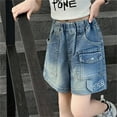 thumbnail image 1 of Likimi Toddler Kids Girls Denim Shorts Elastic Waist Solid Color Wide Leg Shorts With Pocket Casual Relaxed Soft Spring Summer Bottoms Size 2-3 Years Blue, 1 of 2