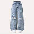 thumbnail image 1 of Likimi Toddler Kids Girls Distressed Pants Elastic Waist Wide Leg Solid Color Straight Trousers With Unique Design Fashion Relaxed Soft Spring Fall Bottoms Size 8-9 Years Blue, 1 of 8