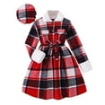 thumbnail image 1 of Likimi Toddler Kids Girls Dress Plaid Print Long Sleeve Collar Dress & Hat 2 Pcs Casual Comfortable Soft Spring Fall Clothes Size 9-10 Years Red, 1 of 9
