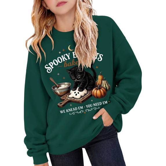 Likimi Toddler Kids Girls Halloween Sweatshirts Hallowmas Cat Print Crew Neck Sweatshirt For Girls Long Sleeve Loose Fit Comfort Pullover Size 3-4 Years
