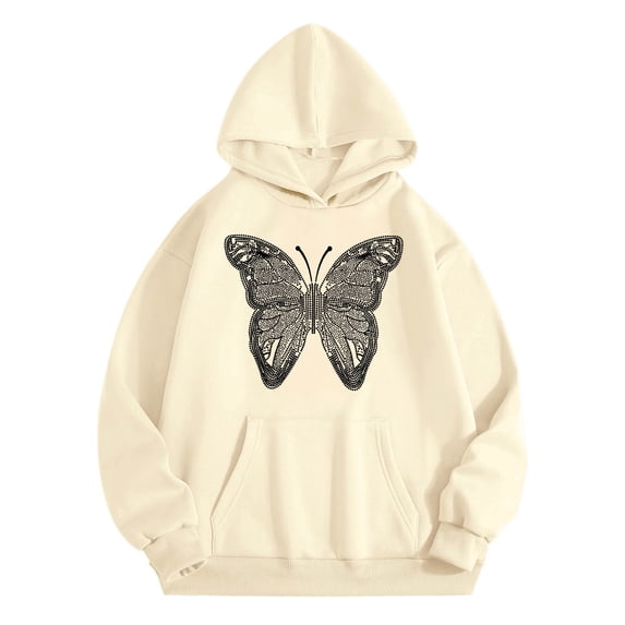 Likimi Toddler Kids Girls Hoodies With Pocket Hooded Butterfly Print Sweatshirt For Girls Long Sleeve Autumn Winter Soft Warm Pullover Beige Size 5-6 Years