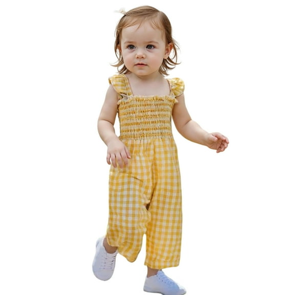 Likimi Toddler Kids Girls Jumpsuit Sleeveless Plaid Prints Comfortable Casual Suspenders Clothes Yellow Size 12-18 Months