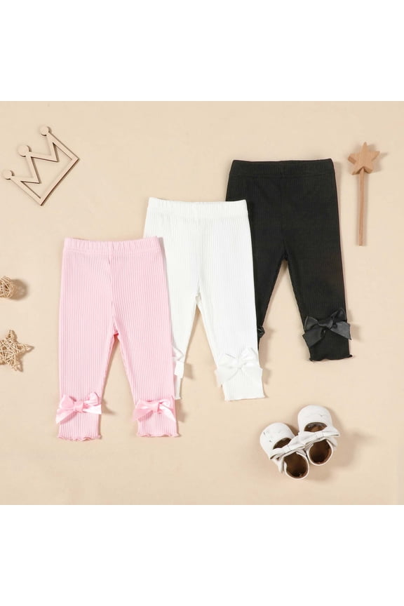 Toddler Kids Girls Knit Pants 3 Pack Solid Color High Waist Ribbed Slim Fit Trousers Casual Loose Relaxed Spring Fall Bottoms Size 9-12 Months Pink