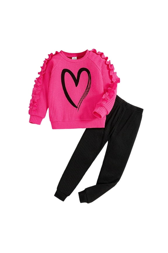 Toddler Kids Girls Outfit Set Long Sleeve Print Tops Solid Color Sweatpants 2 Piece Sets Fashion Comfortable Relaxed Spring Fall Clothing Set Size 3-4 Years Red