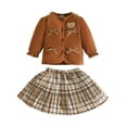 thumbnail image 1 of Likimi Toddler Kids Girls Outfit Set Solid Color Crewneck Long Sleeve Jacket Plaid Skirts 2Pcs Casual Loose Soft Spring Fall Clothing Set Size 9-12 Months Coffee, 1 of 6