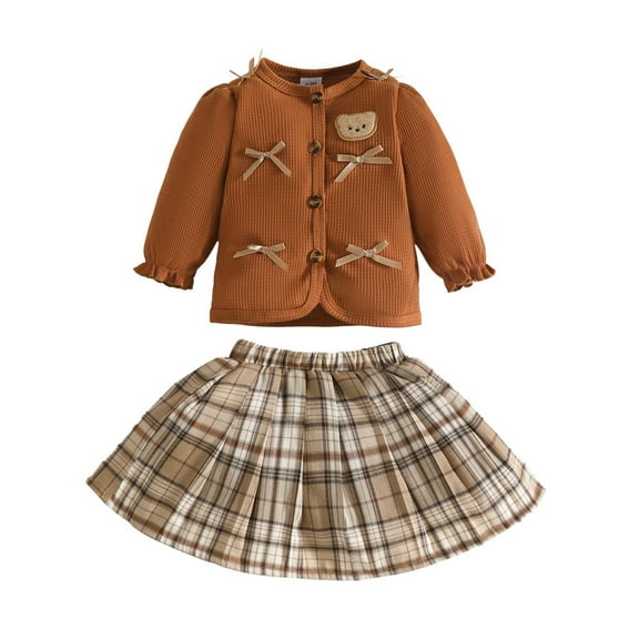 Likimi Toddler Kids Girls Outfit Set Solid Color Crewneck Long Sleeve Jacket Plaid Skirts 2Pcs Casual Loose Soft Spring Fall Clothing Set Size 9-12 Months Coffee