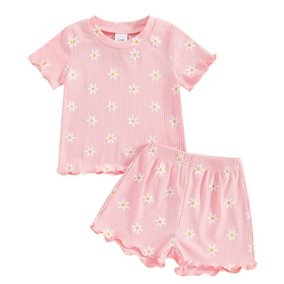 Likimi Toddler Kids Girls Outfits Set Casual Short Sleeve Crew Neck Flowers Print T Shirt Short Two Piece Set Pink Size 2-3 Years