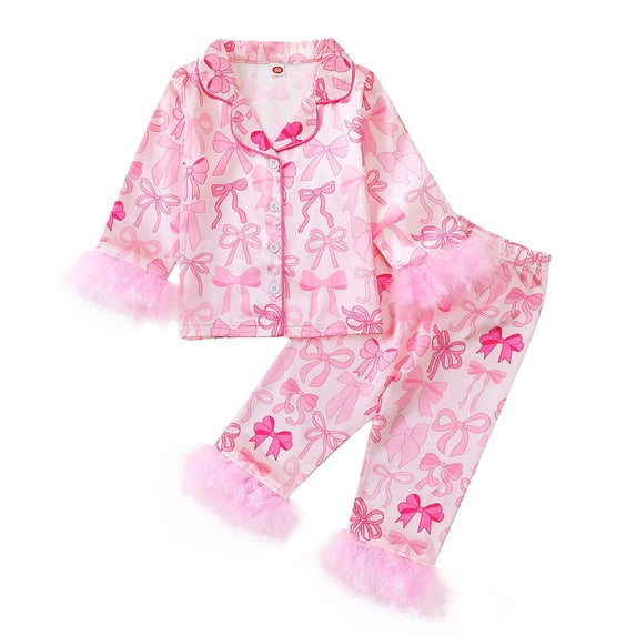 Likimi Toddler Kids Girls Pajamas Set Bowknot Print Lapel Button Down Long Sleeve Pjs Tops With Pants Spring Autumn Casual Loungewear Outfit Set Pink Size 18-24 Months