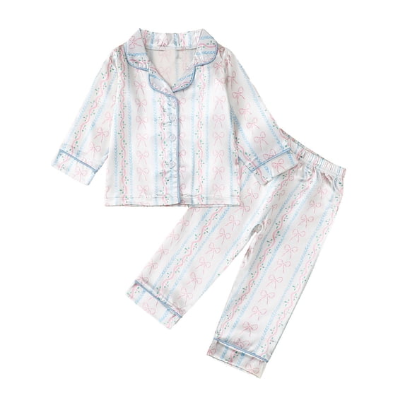 Likimi Toddler Kids Girls Pajamas Set Graphic Print Lapel Button Down Long Sleeve Pjs Tops With Pants Spring Autumn Soft Casual Sleepwear Clothes Set Blue Size 18-24 Months