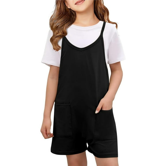 Likimi Toddler Kids Girls Summer Jumpsuit Solid Color Sleeveless Casual Crew Neck Strap Shorts With Pockets Black Size 13-14 Years