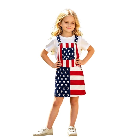 Likimi Toddler Kids Girls Suspenders Dress For Independence Day Square Neck Sleeveless Patriotic Printed Summer Fashionable Dresses Blue Size 8-9 Years