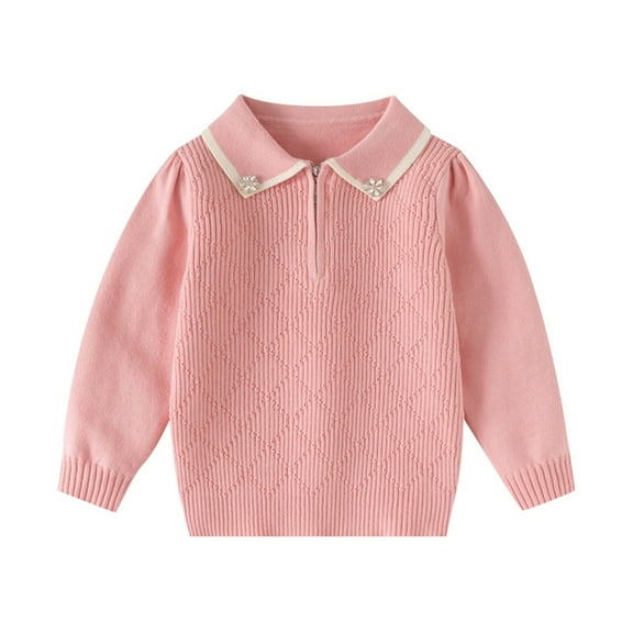 Likimi Toddler Kids Girls Sweater Solid Color Long Sleeve Lapel Pullover Tops Casual Comfortable Soft Fall Winter Clothes Size 3-4 Years Pink